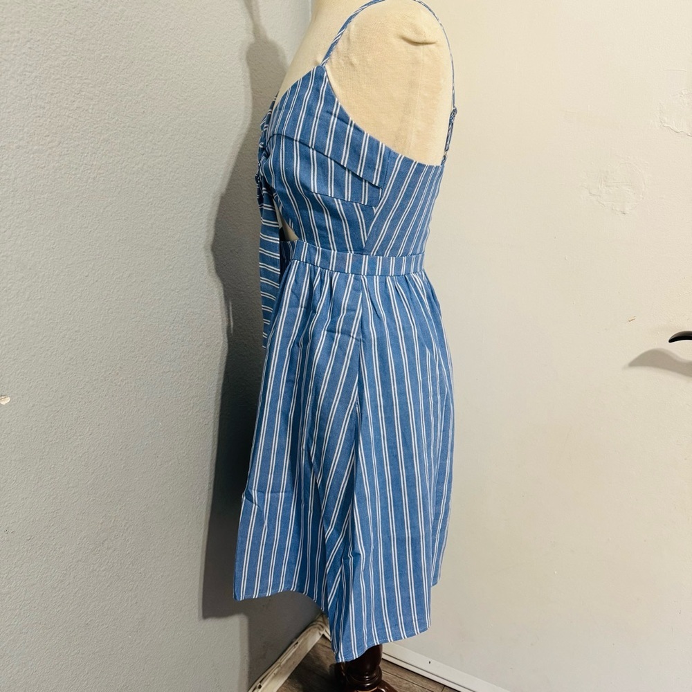 Main Strip Blue Striped Mini Yacht Cut Out Fit and Flare Dress with Pockets Sz S - Picture 8 of 16